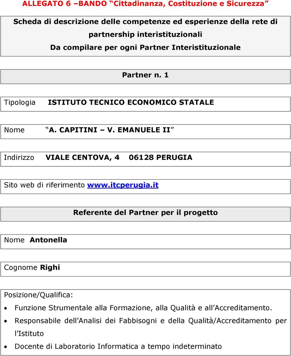 EMANUELE Indirizzo VIALE CENTOVA, 4 06128 PERUGIA Sito web di riferimento Referente del Partner per il progetto Nome Antonella Cognome Righi Posizione/Qualifica: