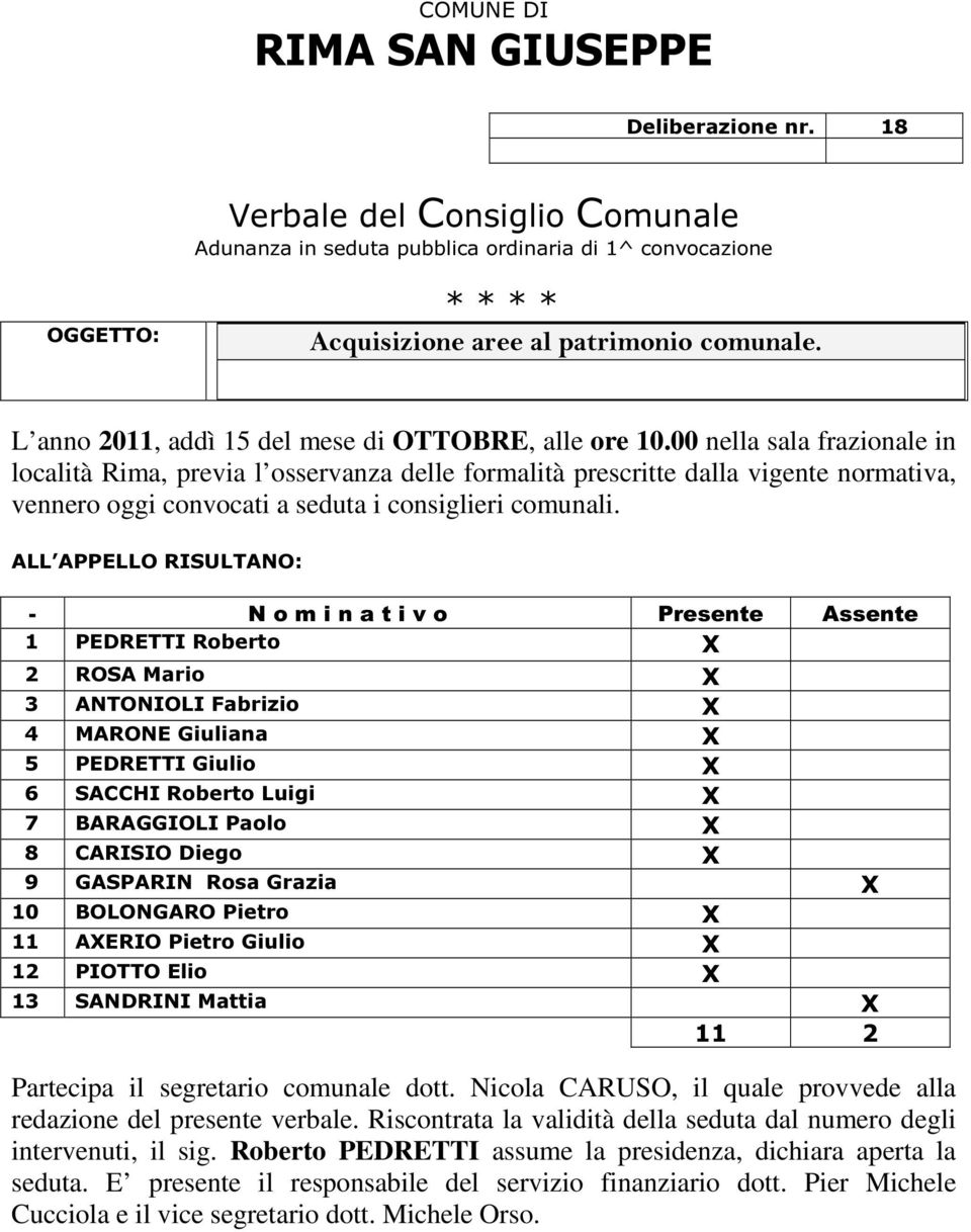 00 nella sala frazionale in località Rima, previa l osservanza delle formalità prescritte dalla vigente normativa, vennero oggi convocati a seduta i consiglieri comunali.