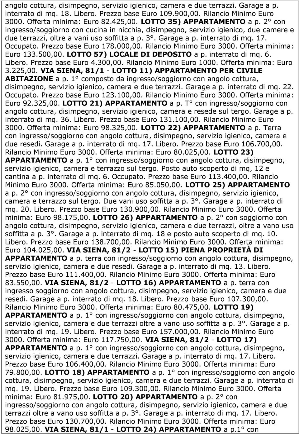 Occupato. Prezzo base Euro 178.000,00. Rilancio Minimo Euro 3000. Offerta minima: Euro 133.500,00. LOTTO 57) LOCALE DI DEPOSITO a p. interrato di mq. 6. Libero. Prezzo base Euro 4.300,00.