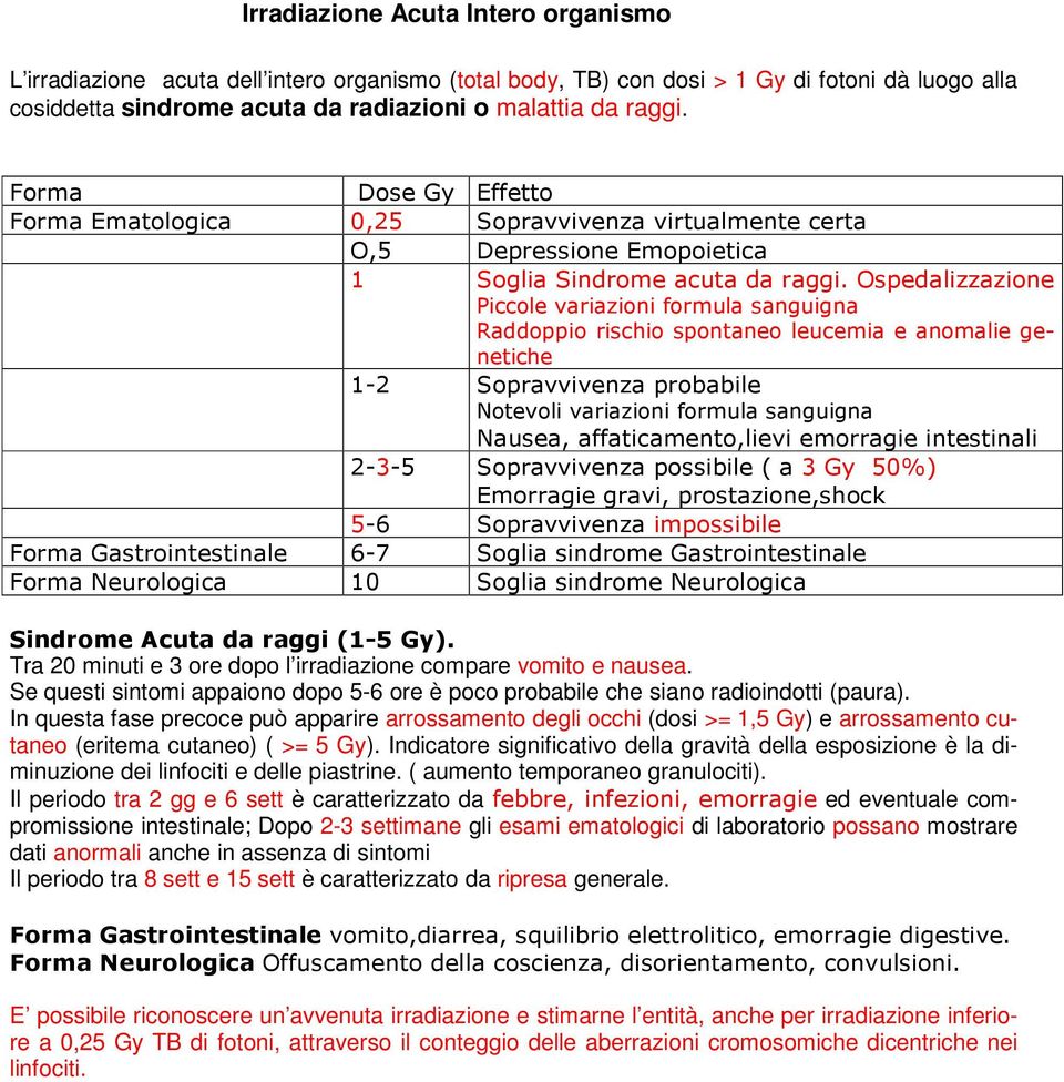 Ospedalizzazione Piccole variazioni formula sanguigna Raddoppio rischio spontaneo leucemia e anomalie genetiche 1-2 Sopravvivenza probabile Notevoli variazioni formula sanguigna Nausea,