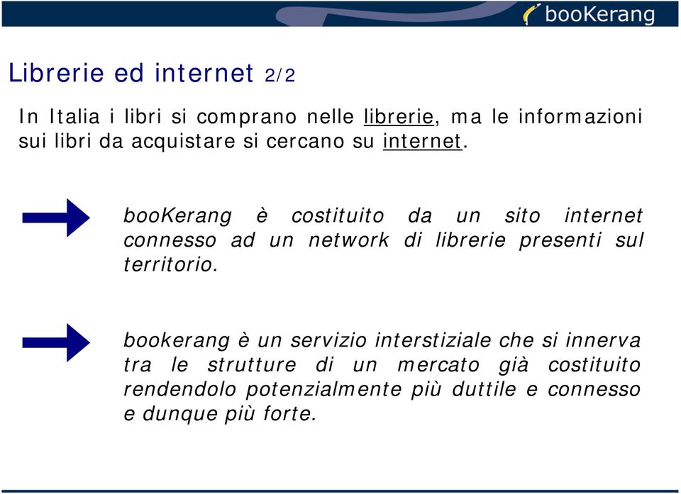 bookerang è costituito da un sito internet connesso ad un network di librerie presenti sul territorio.