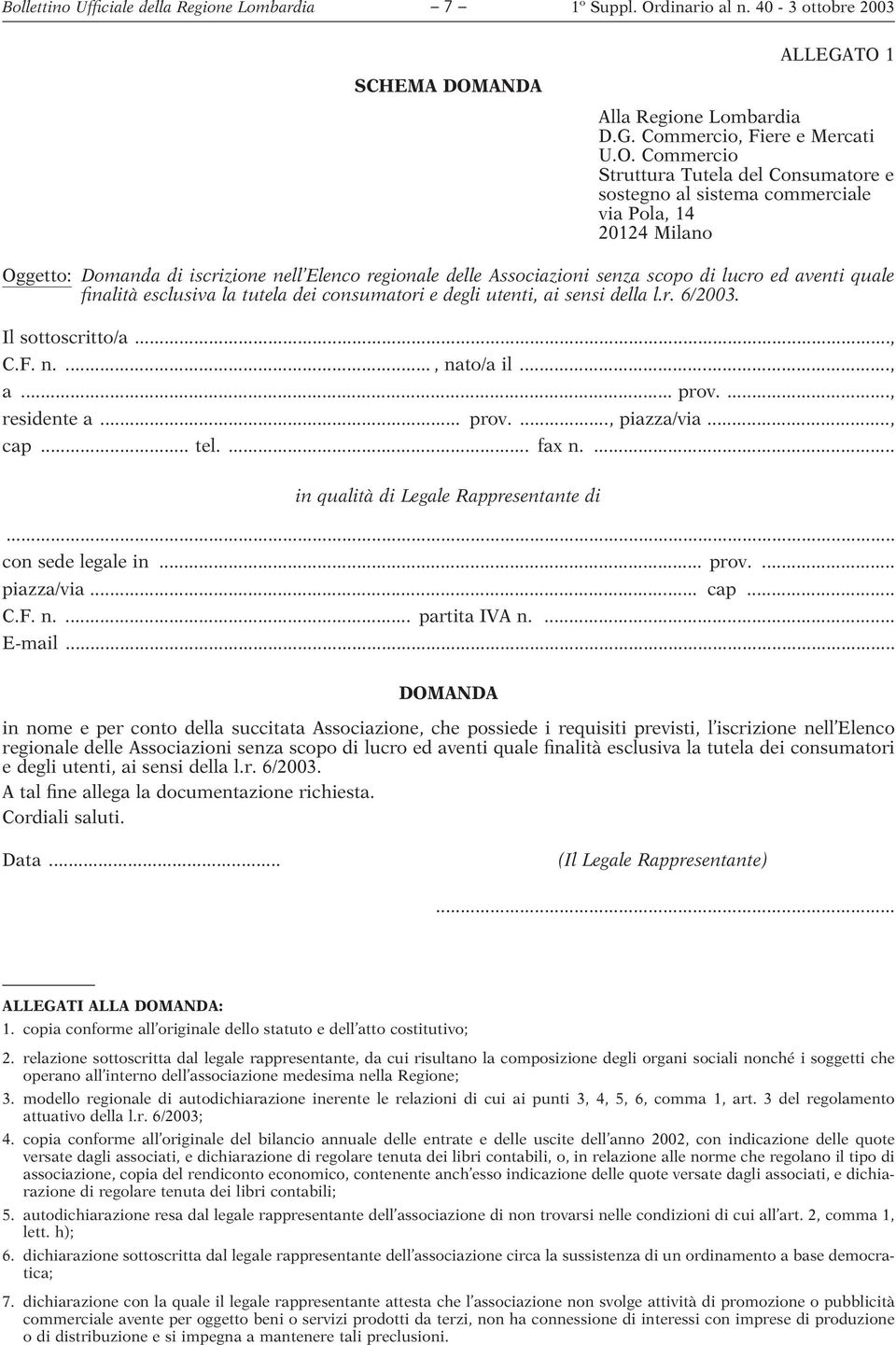 ANDA Alla Regione Lombardia D.G. Commercio, Fiere e Mercati U.O.