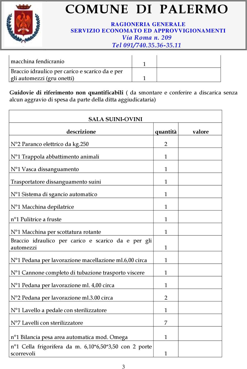 di spesa da parte della ditta aggiudicataria) SALA SUINI-OVINI descrizione quantità valore N Paranco elettrico da kg.