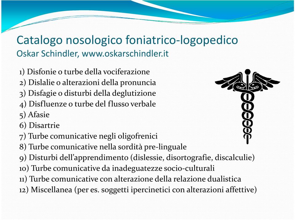 flusso verbale 5) Afasie 6) Disartrie 7) Turbe comunicative negli oligofrenici 8) Turbe comunicative nella sordità pre-linguale 9) Disturbi dell