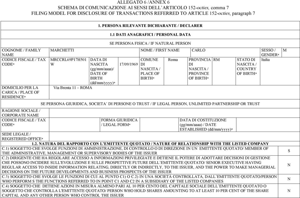 1 DATI AAGRAFICI / PERSOAL DATA COGOME / FAMILY AME CODE* DOMICILIO PER LA CARICA / PLACE OF RESIDECE* RAGIOE SOCIALE / CORPORATE AME CODE* SE PERSOA FISICA / IF ATURAL PERSO MARCHETTI OME / FIRST