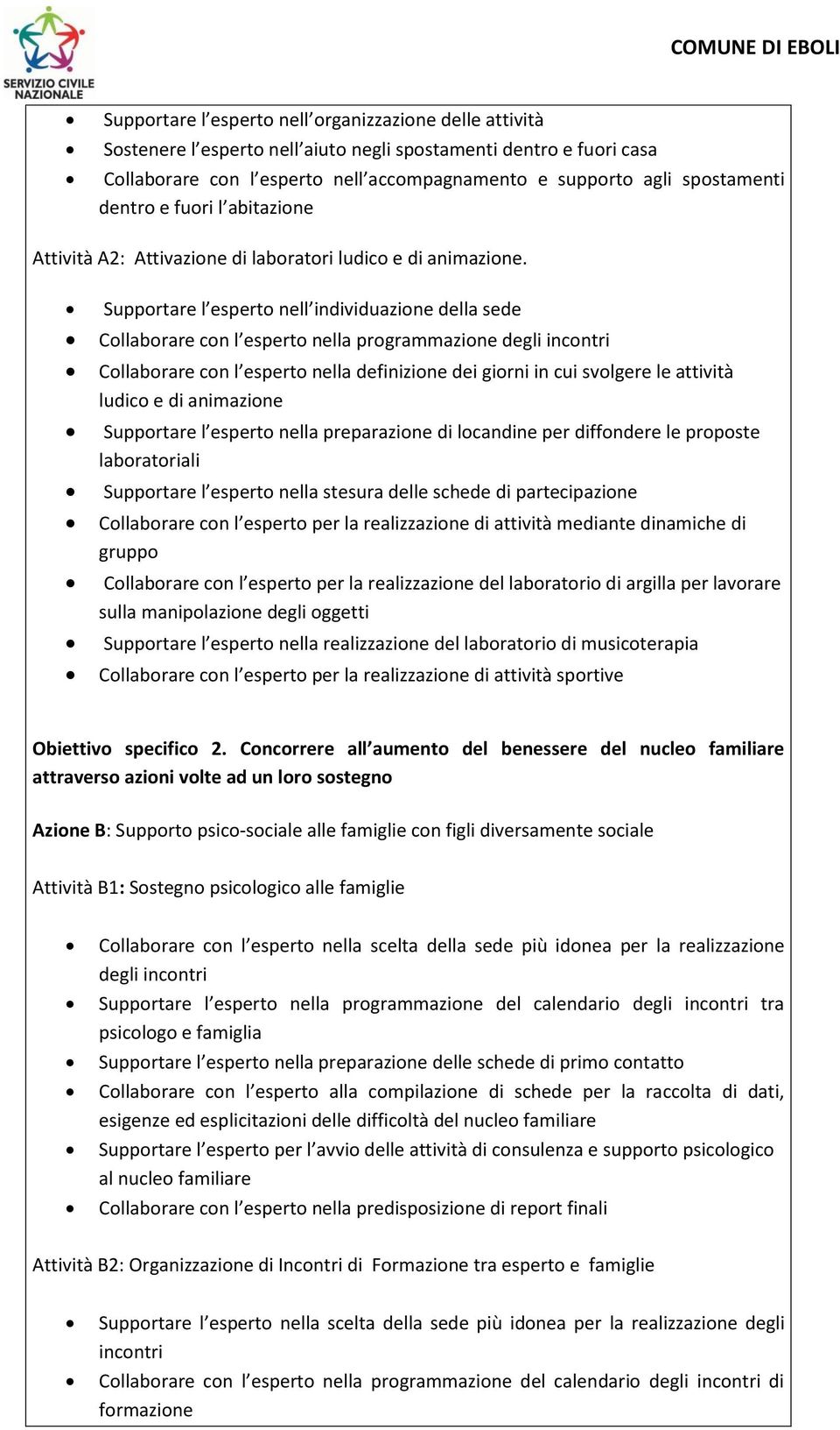 Supportare l esperto nell individuazione della sede Collaborare con l esperto nella programmazione degli incontri Collaborare con l esperto nella definizione dei giorni in cui svolgere le attività