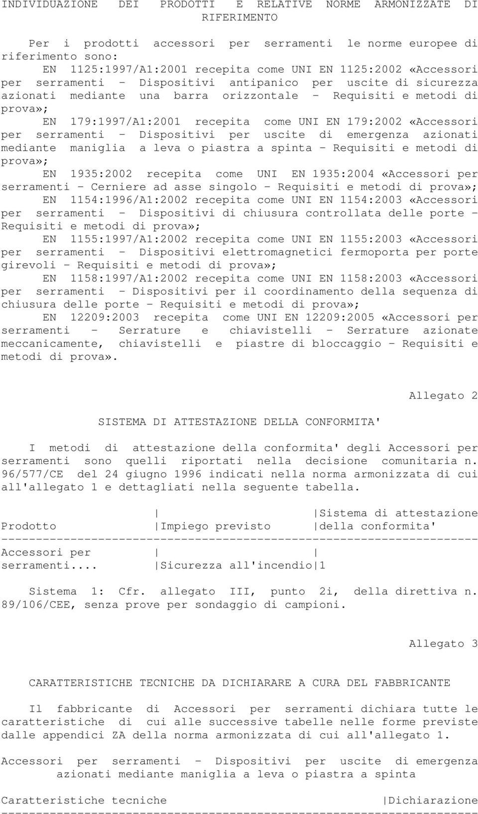 179:2002 «Accessori per serramenti - Dispositivi per uscite di emergenza azionati mediante maniglia a leva o piastra a spinta - Requisiti e metodi di prova»; EN 1935:2002 recepita come UNI EN