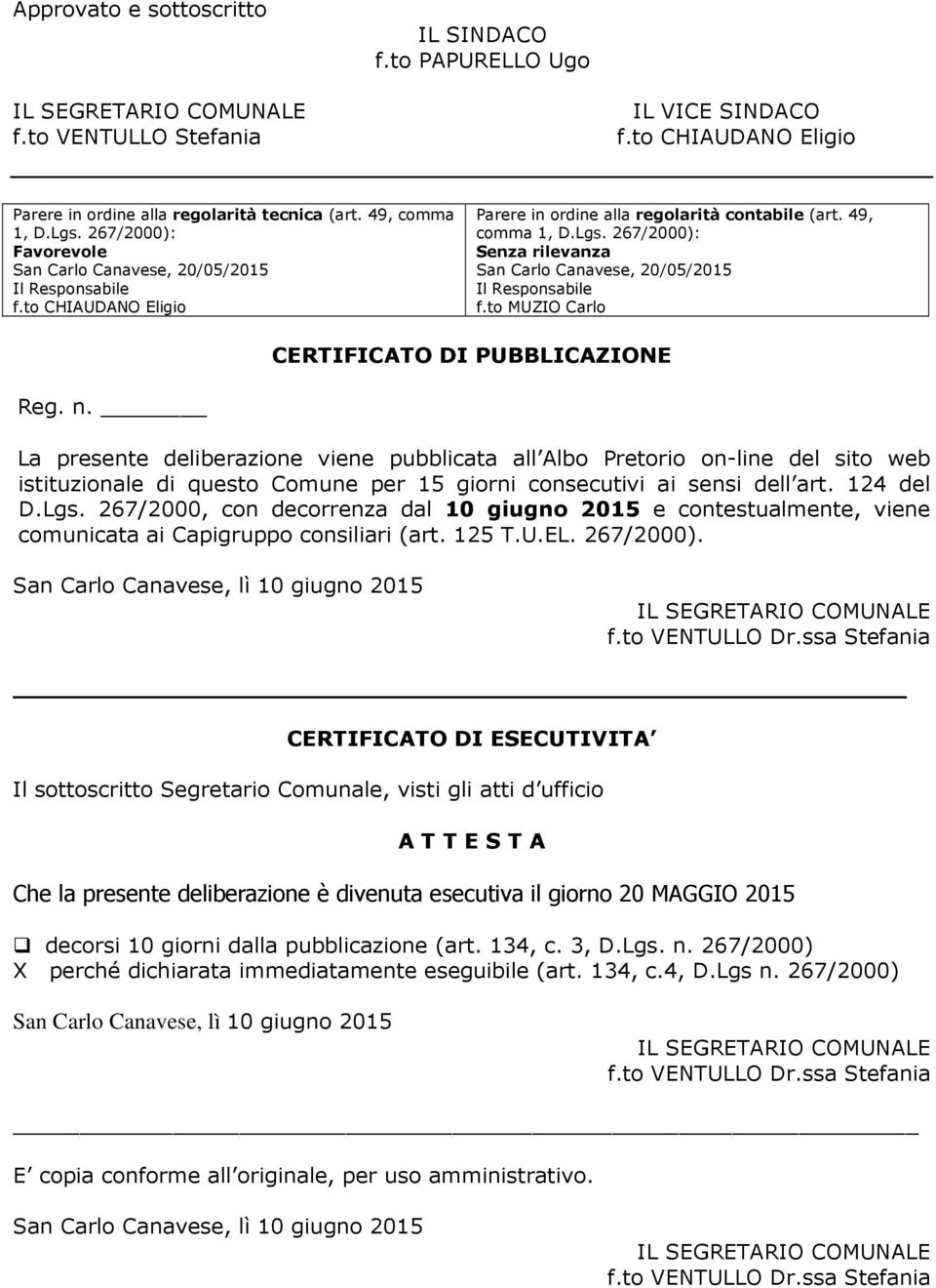 267/2000): Senza rilevanza San Carlo Canavese, 20/05/2015 Il Responsabile f.to MUZIO Carlo CERTIFICATO DI PUBBLICAZIONE Reg. n.