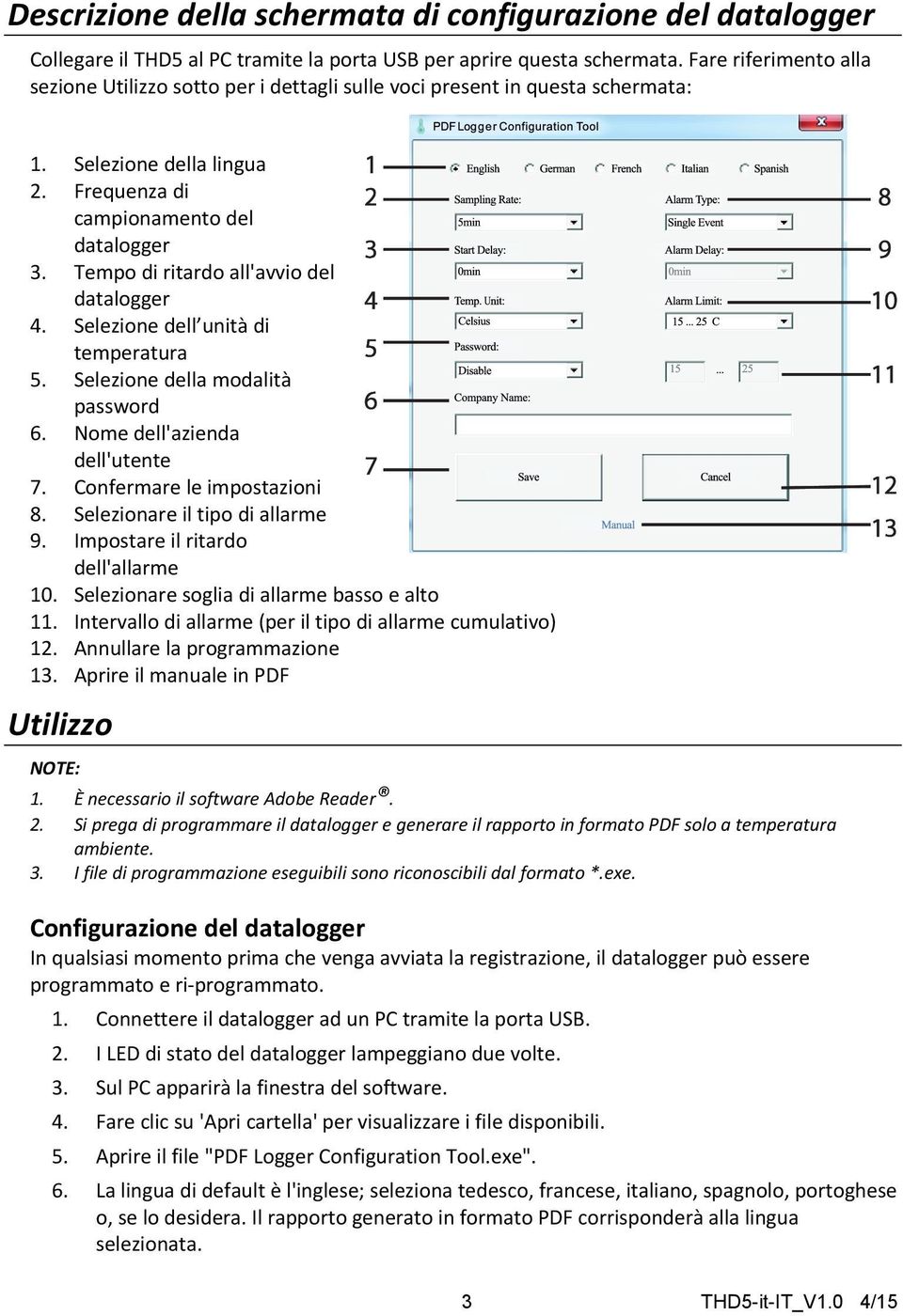 Tempo di ritardo all'avvio del datalogger 4. Selezione dell unità di temperatura 5. Selezione della modalità password 6. Nome dell'azienda dell'utente 7. Confermare le impostazioni 8.