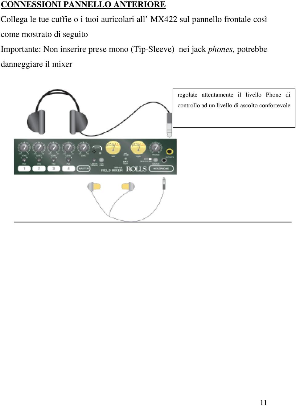 inserire prese mono (Tip-Sleeve) nei jack phones, potrebbe danneggiare il mixer