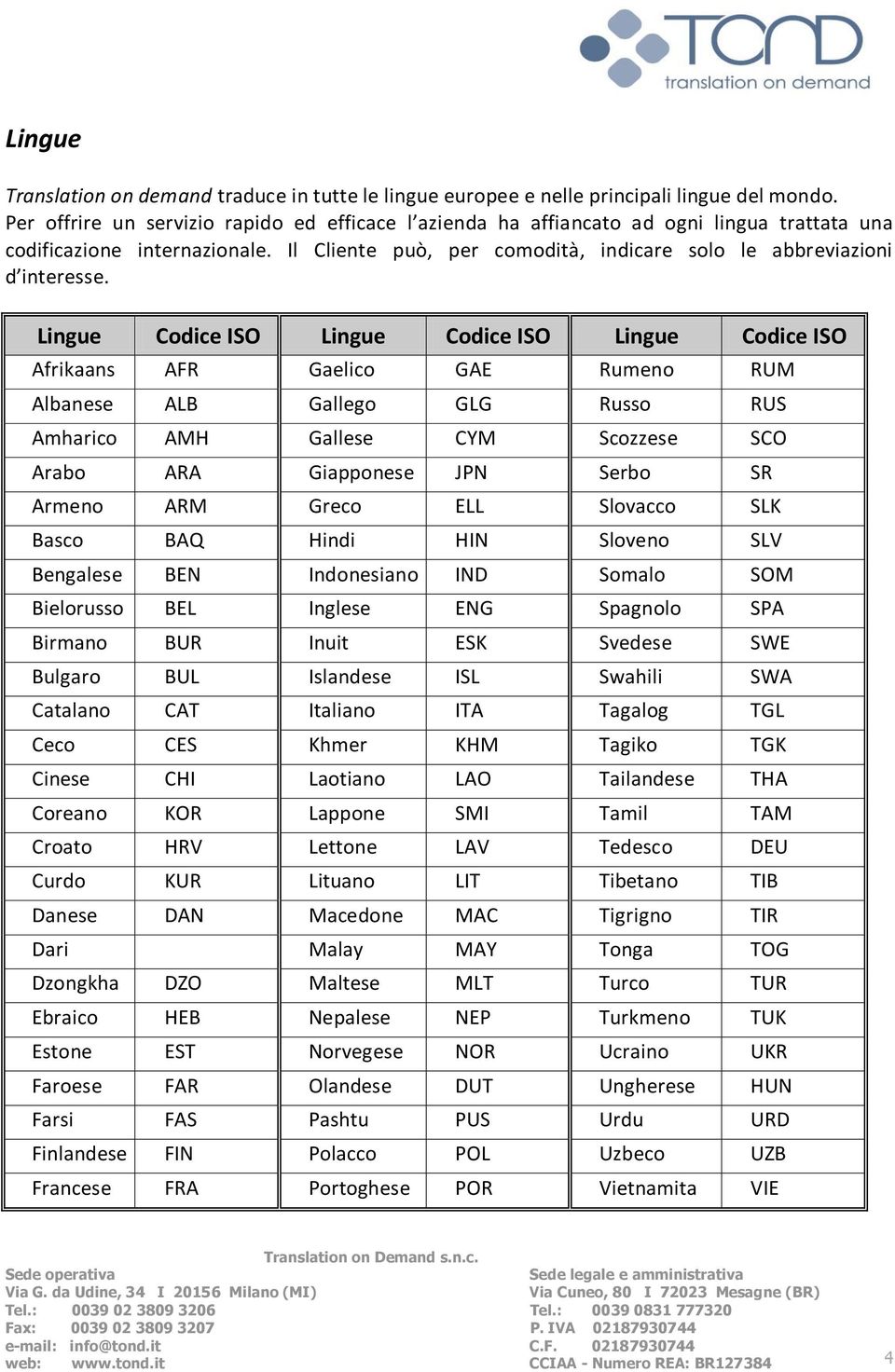 Lingue Codice ISO Lingue Codice ISO Lingue Codice ISO Afrikaans AFR Gaelico GAE Rumeno RUM Albanese ALB Gallego GLG Russo RUS Amharico AMH Gallese CYM Scozzese SCO Arabo ARA Giapponese JPN Serbo SR