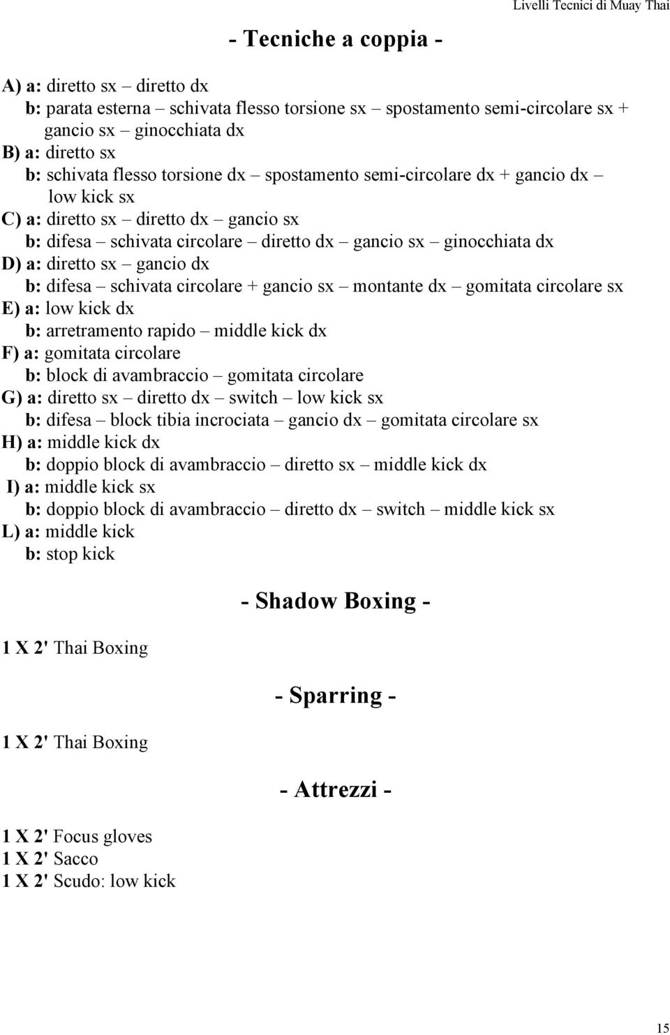 schivata circolare + gancio sx montante dx gomitata circolare sx E) a: low kick dx b: arretramento rapido middle kick dx F) a: gomitata circolare b: block di avambraccio gomitata circolare G) a: