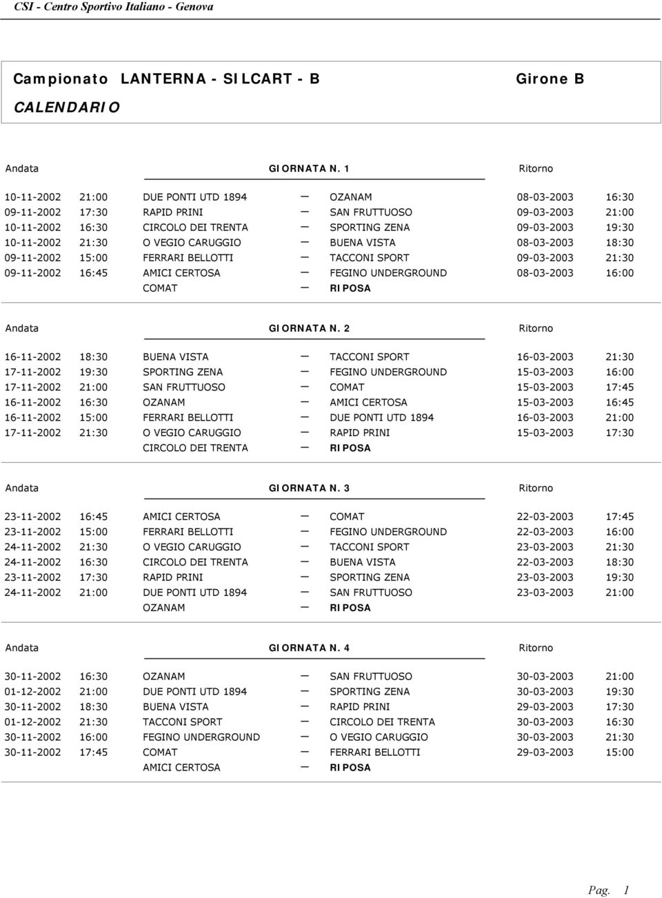 21:30 O VEGIO CARUGGIO BUENA VISTA 08-03-2003 18:30 09-11-2002 15:00 FERRARI BELLOTTI TACCONI SPORT 09-03-2003 21:30 09-11-2002 16:45 AMICI CERTOSA FEGINO UNDERGROUND 08-03-2003 16:00 COMAT GIORNATA