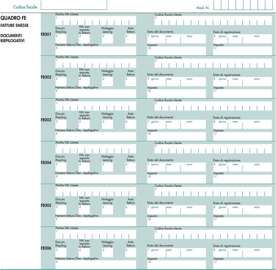 IVA non esposta in giorno mese anno giorno mese anno Numero / riepilogativo 0 cliente FE00 Docum. Riepilog.