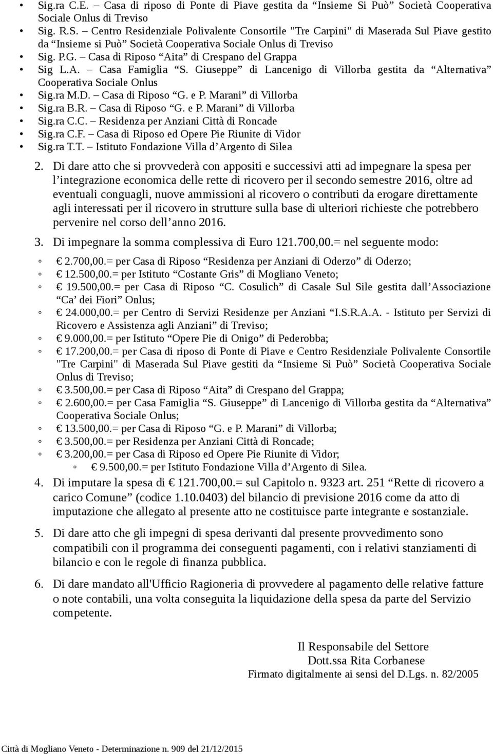 Marani di Villorba Sig.ra B.R. Casa di Riposo G. e P. Marani di Villorba Sig.ra C.C. Residenza per Anziani Città di Roncade Sig.ra C.F. Casa di Riposo ed Opere Pie Riunite di Vidor Sig.ra T.