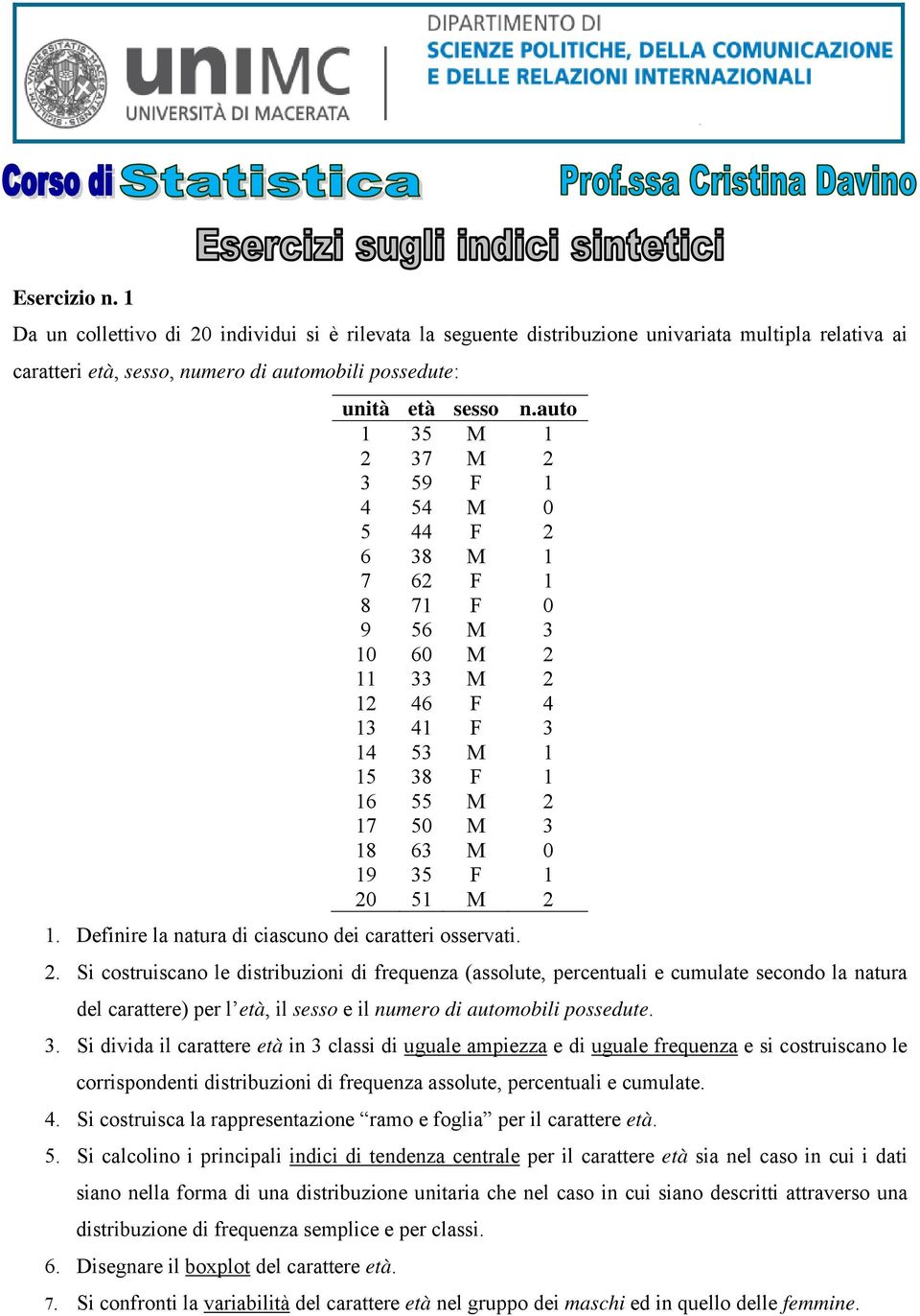 Definire la natura di ciascuno dei caratteri osservati. 2.