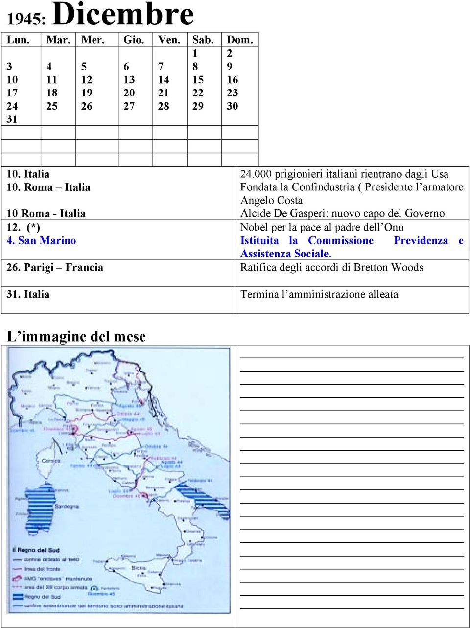 000 prigionieri italiani rientrano dagli Usa Fondata la Confindustria ( Presidente l armatore Angelo Costa Alcide De Gasperi: nuovo capo del