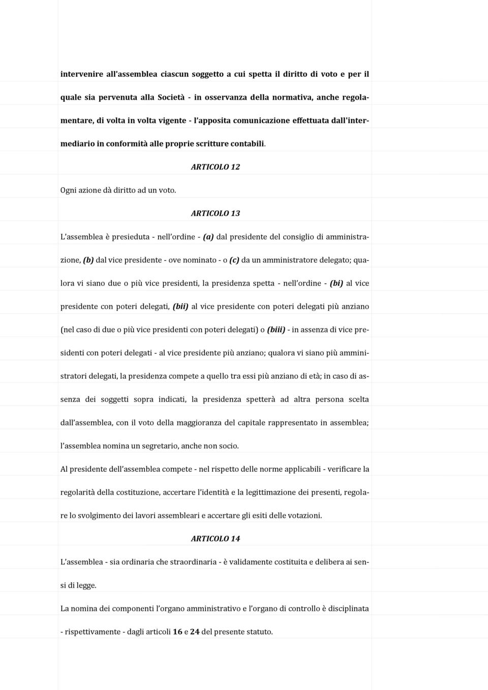 ARTICOLO 13 L assemblea è presieduta - nell ordine - (a) dal presidente del consiglio di amministrazione, (b) dal vice presidente - ove nominato - o (c) da un amministratore delegato; qualora vi