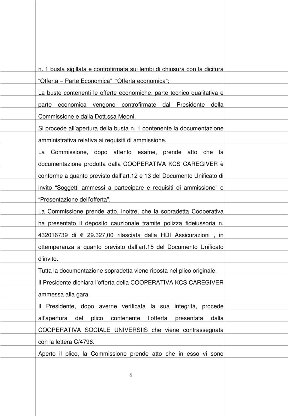 La Commissione, dopo attento esame, prende atto che la documentazione prodotta dalla COOPERATIVA KCS CAREGIVER è conforme a quanto previsto dall art.