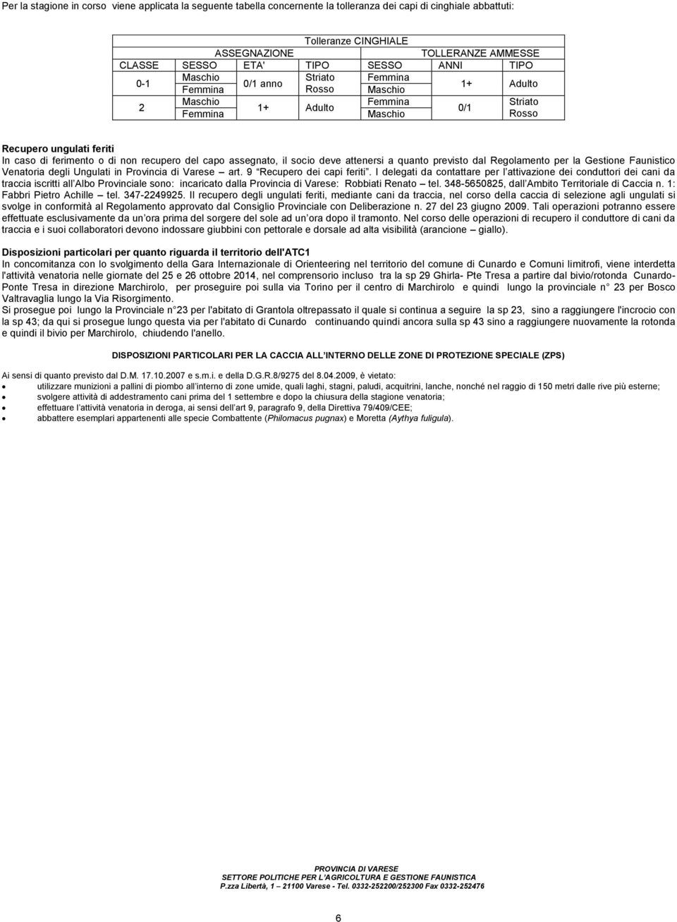 Regolamento per la Gestione Faunistico Venatoria degli Ungulati in Provincia di Varese art. 9 Recupero dei capi feriti.