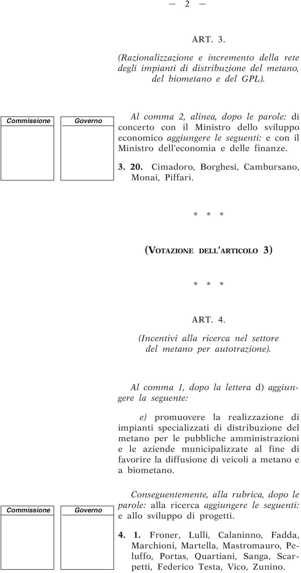 Cimadoro, Borghesi, Cambursano, Monai, Piffari. (VOTAZIONE DELL ARTICOLO 3) ART. 4. (Incentivi alla ricerca nel settore del metano per autotrazione).