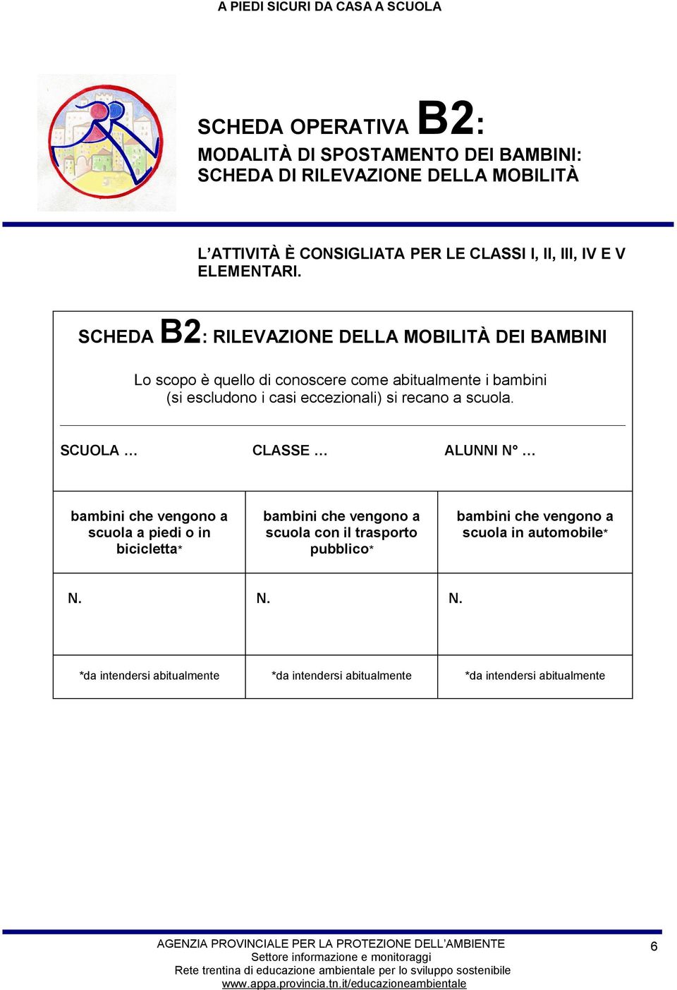 SCHEDA B2: RILEVAZIONE DELLA MOBILITÀ DEI BAMBINI Lo scopo è quello di conoscere come abitualmente i bambini (si escludono i casi eccezionali) si