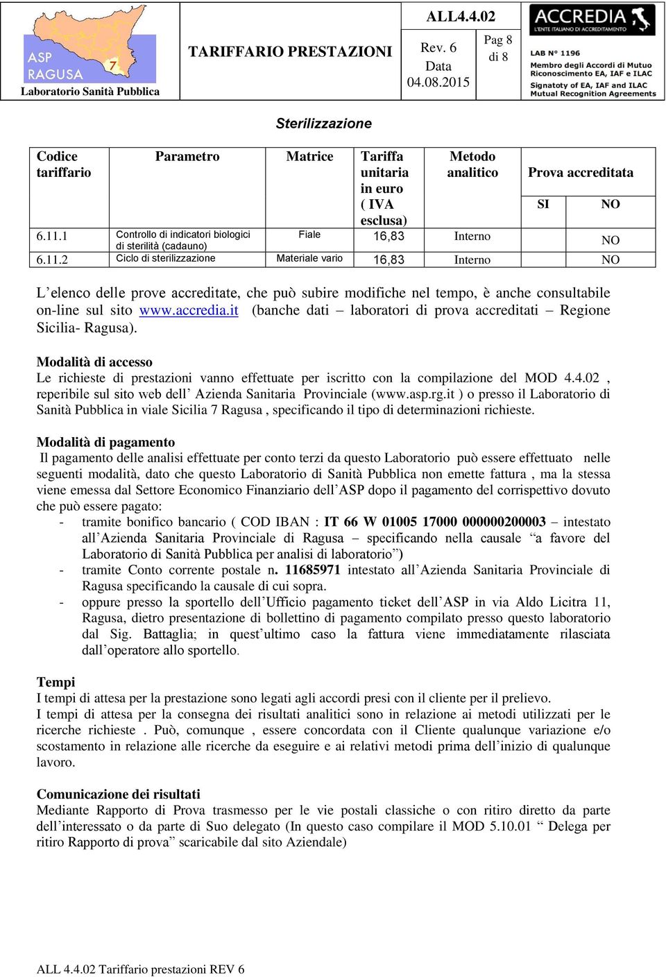 2 Ciclo di sterilizzazione Materiale vario 16,83 Interno L elenco delle prove accreditate, che può subire modifiche nel tempo, è anche consultabile on-line sul sito www.accredia.