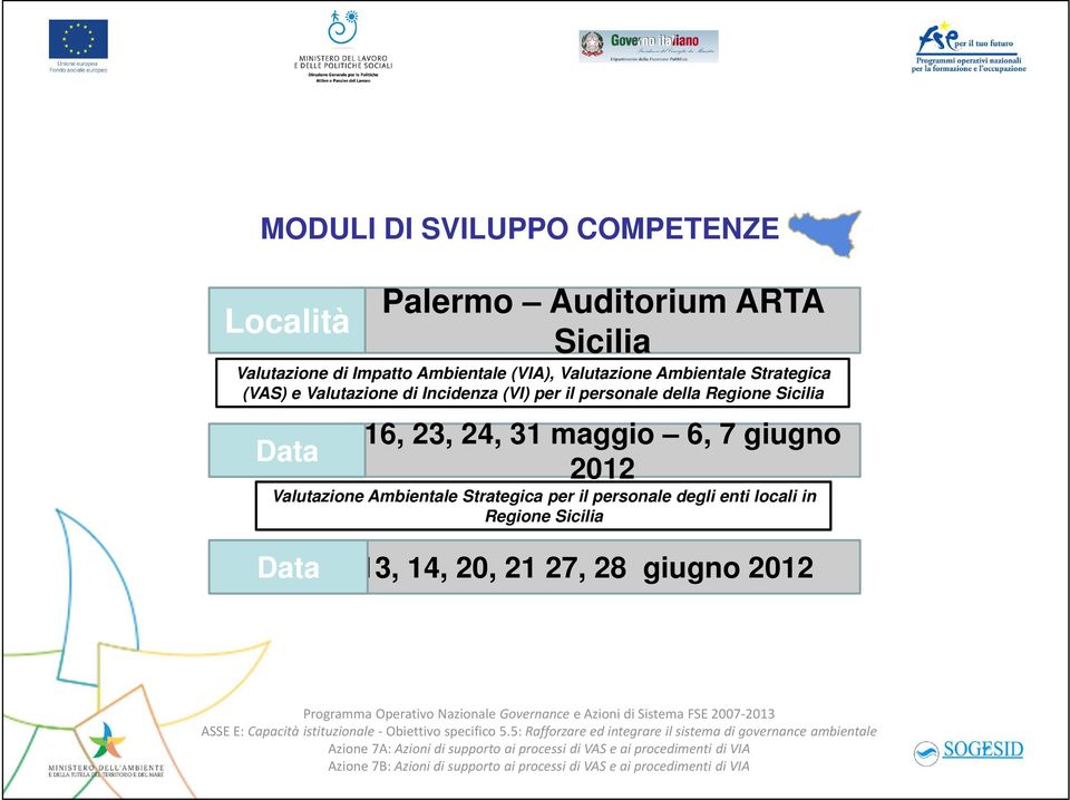 Data Palermo Auditorium ARTA Sicilia 16, 23, 24, 31 maggio 6, 7 giugno 2012 Valutazione Ambientale