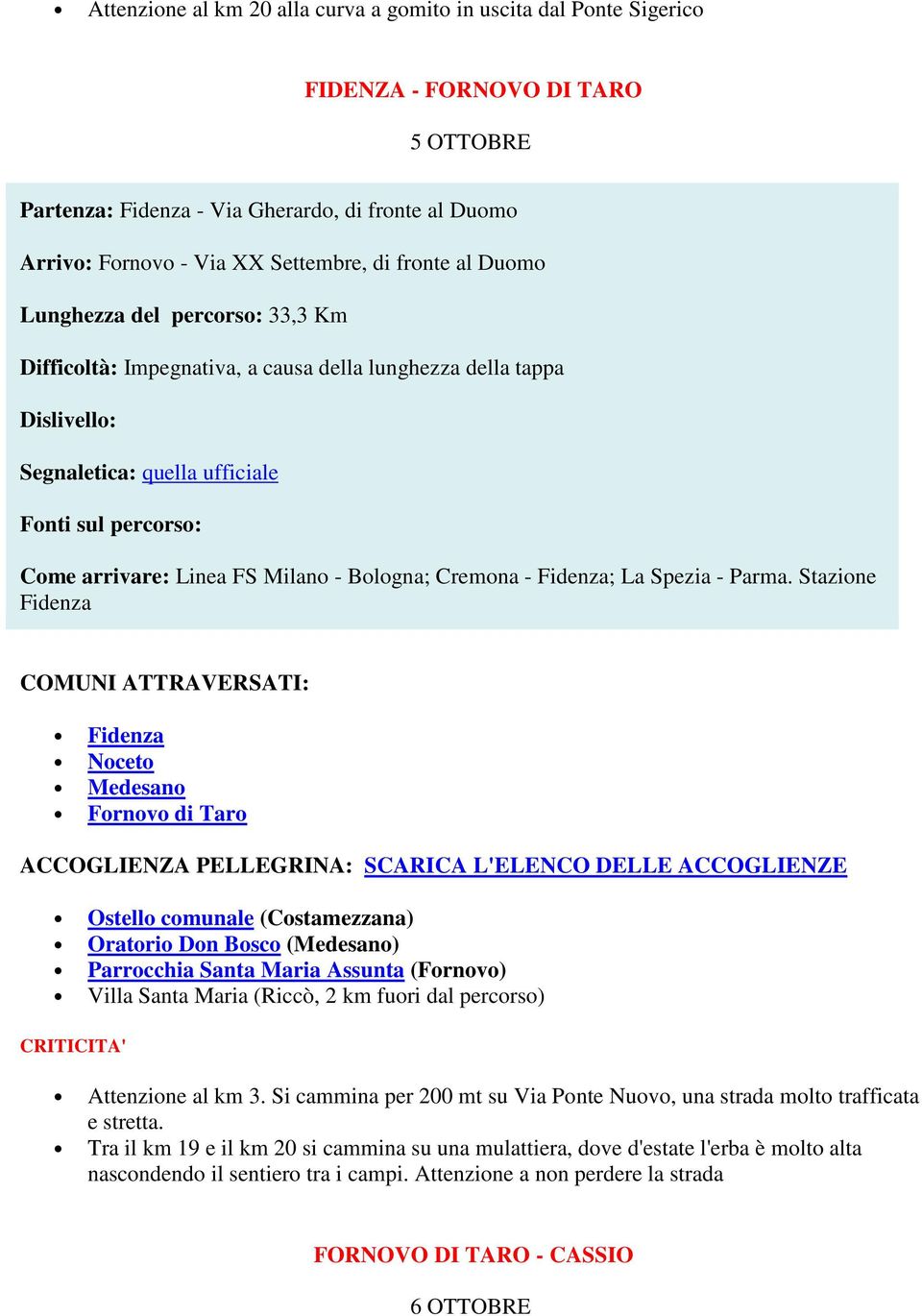 Stazione Fidenza Fidenza Noceto Medesano Fornovo di Taro Ostello comunale (Costamezzana) Oratorio Don Bosco (Medesano) Parrocchia Santa Maria Assunta (Fornovo) Villa Santa Maria (Riccò, 2 km fuori