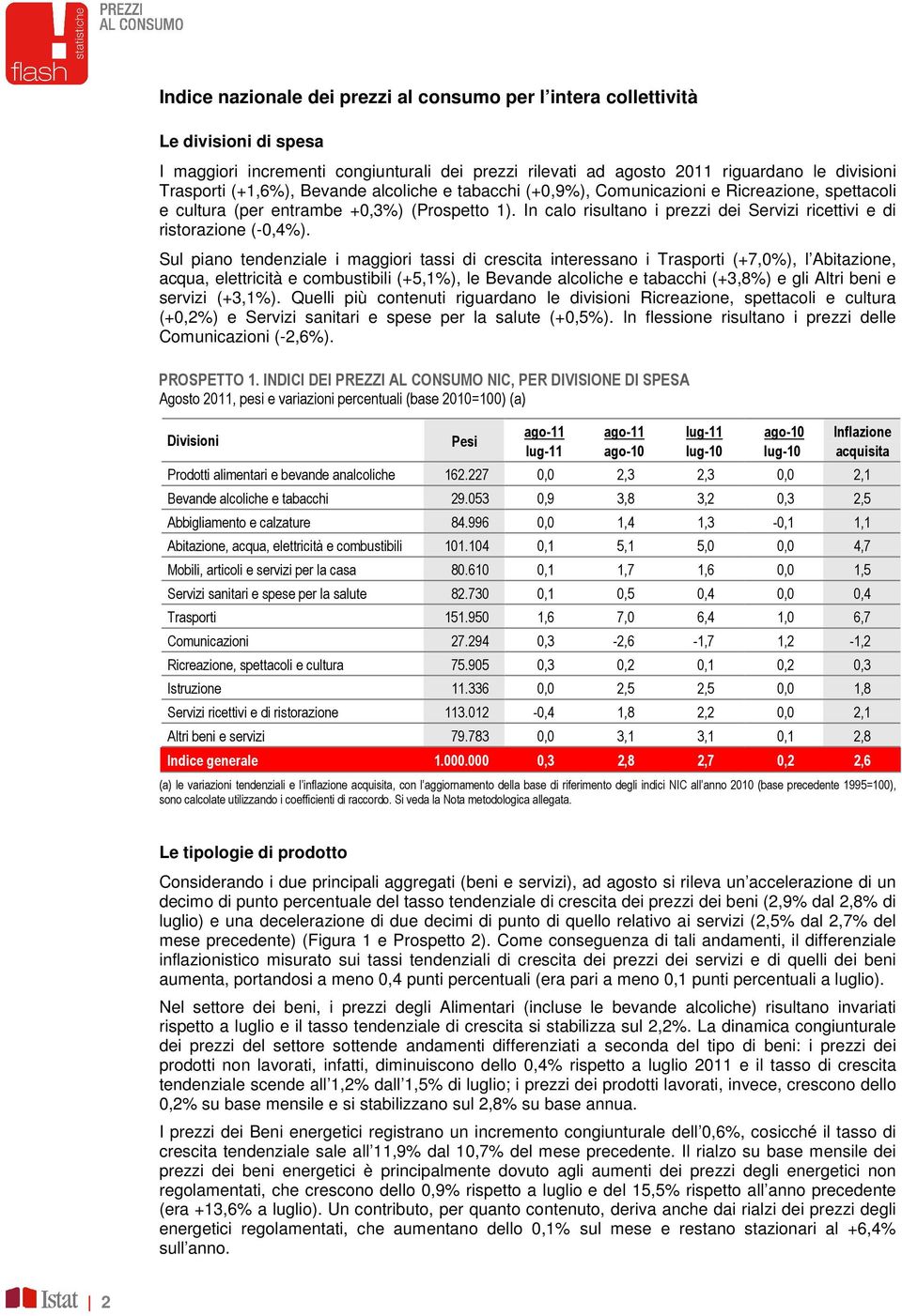 In calo risultano i prezzi dei Servizi ricettivi e di ristorazione (-0,4%).