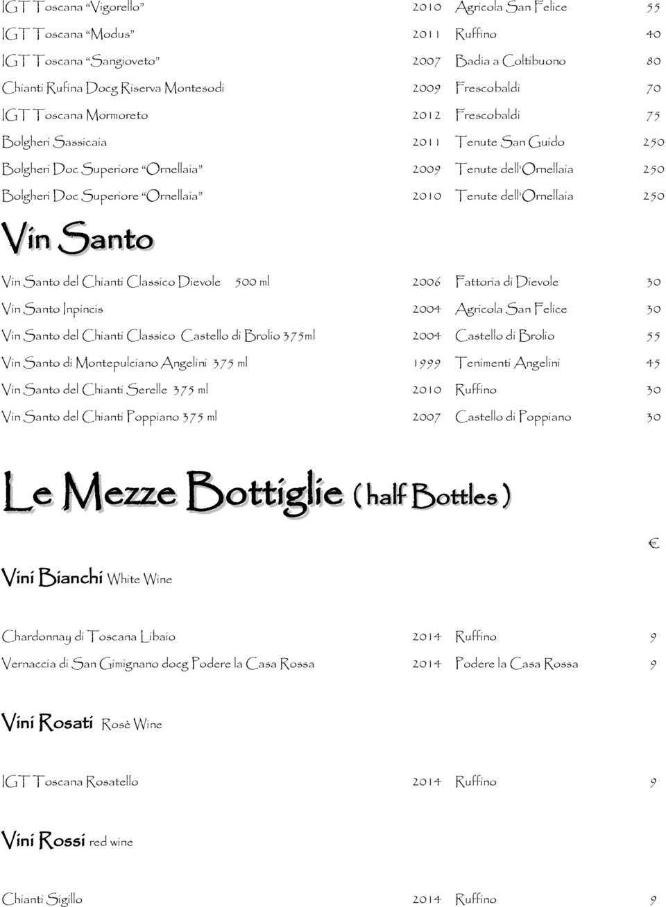 dell'ornellaia 250 Vin Santo Vin Santo del Chianti Classico Dievole 500 ml 2006 Fattoria di Dievole 30 Vin Santo Inpincis 2004 Agricola San Felice 30 Vin Santo del Chianti Classico Castello di Brolio