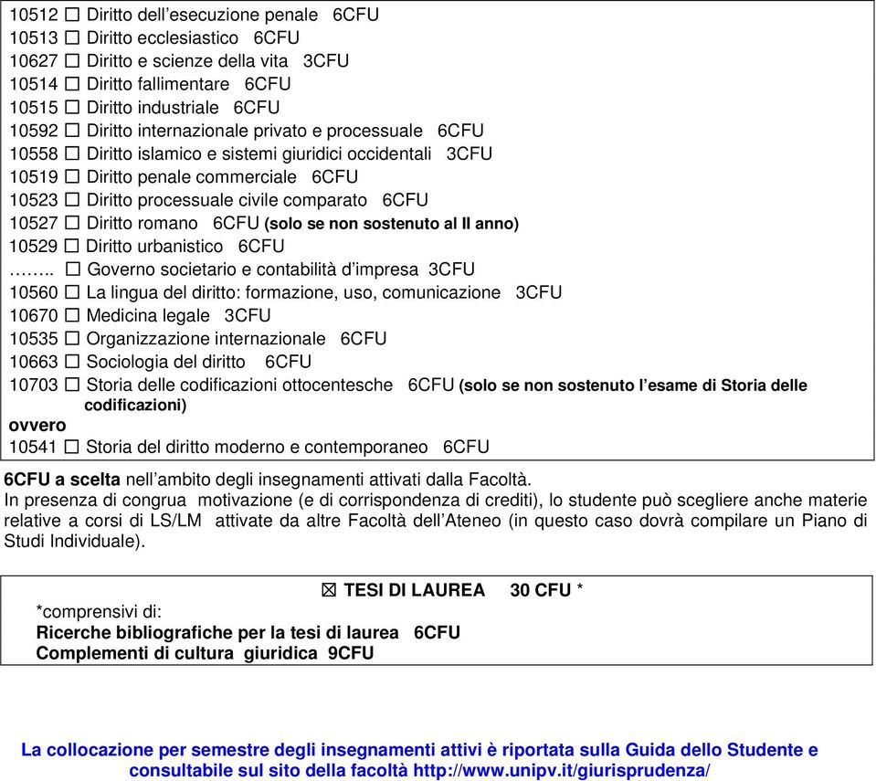 . Governo societario e contabilità d impresa 3CFU 10670 Medicina legale 3CFU 10703 Storia