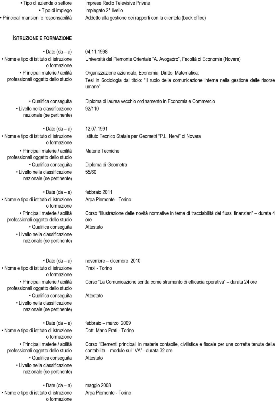 Avogadro, Facoltà di Economia (Novara) Principali materie / abilità Organizzazione aziendale, Economia, Diritto, Matematica; Tesi in Sociologia dal titolo: Il ruolo della comunicazione interna nella