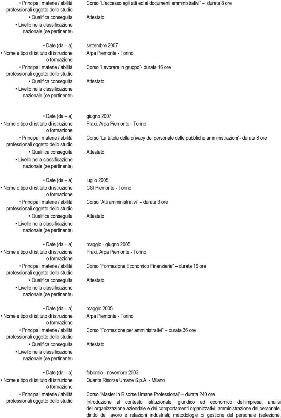 durata 8 ore Date (da a) luglio 2005 Nome e tipo di istituto di istruzione CSI Piemonte - Torino Principali materie / abilità Corso Atti amministrativi durata 3 ore Date (da a) maggio - giugno 2005