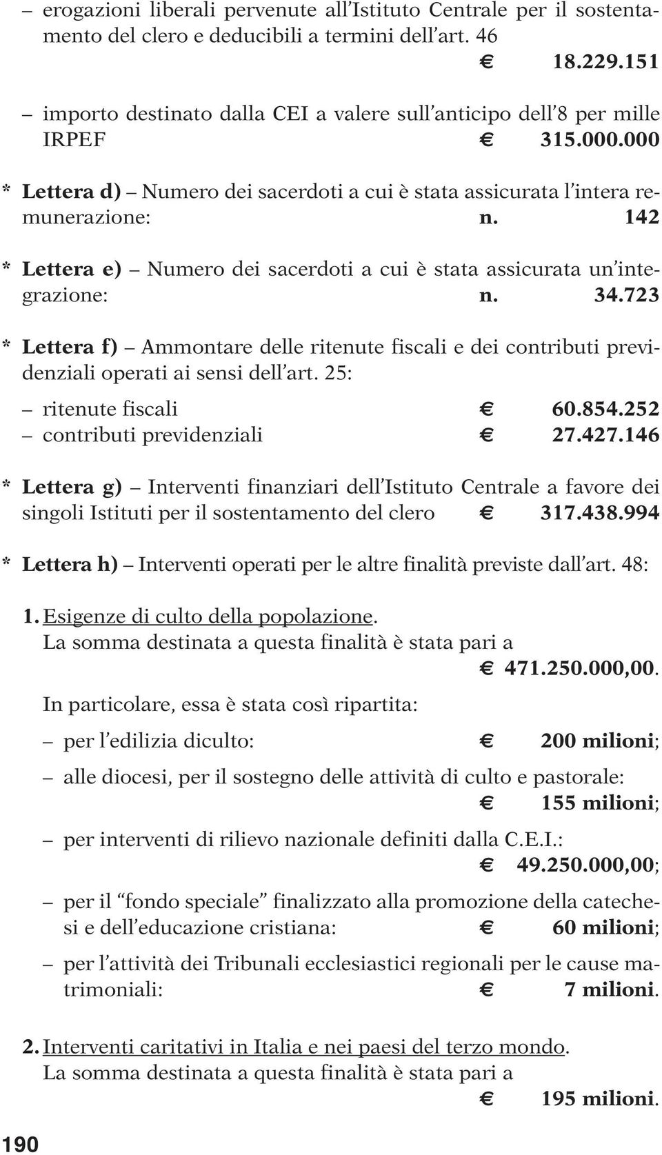 142 * Lettera e) Numero dei sacerdoti a cui è stata assicurata un integrazione: n. 34.723 * Lettera f) Ammontare delle ritenute fiscali e dei contributi previdenziali operati ai sensi dell art.