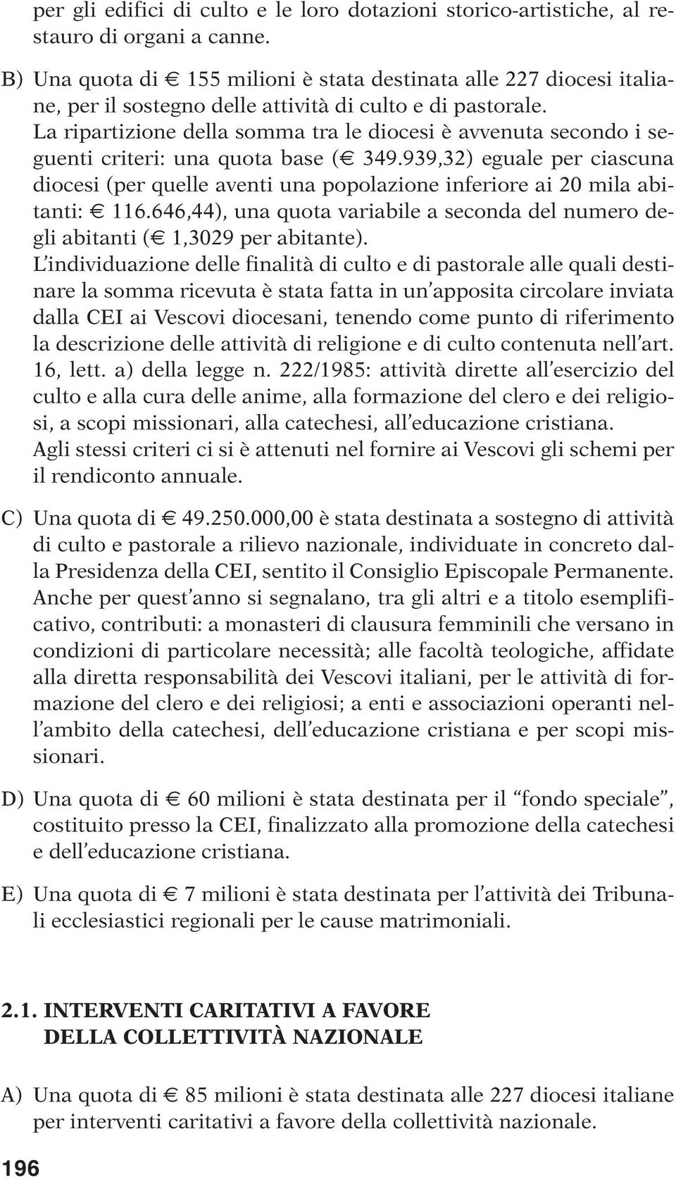 La ripartizione della somma tra le diocesi è avvenuta secondo i seguenti criteri: una quota base ( 349.