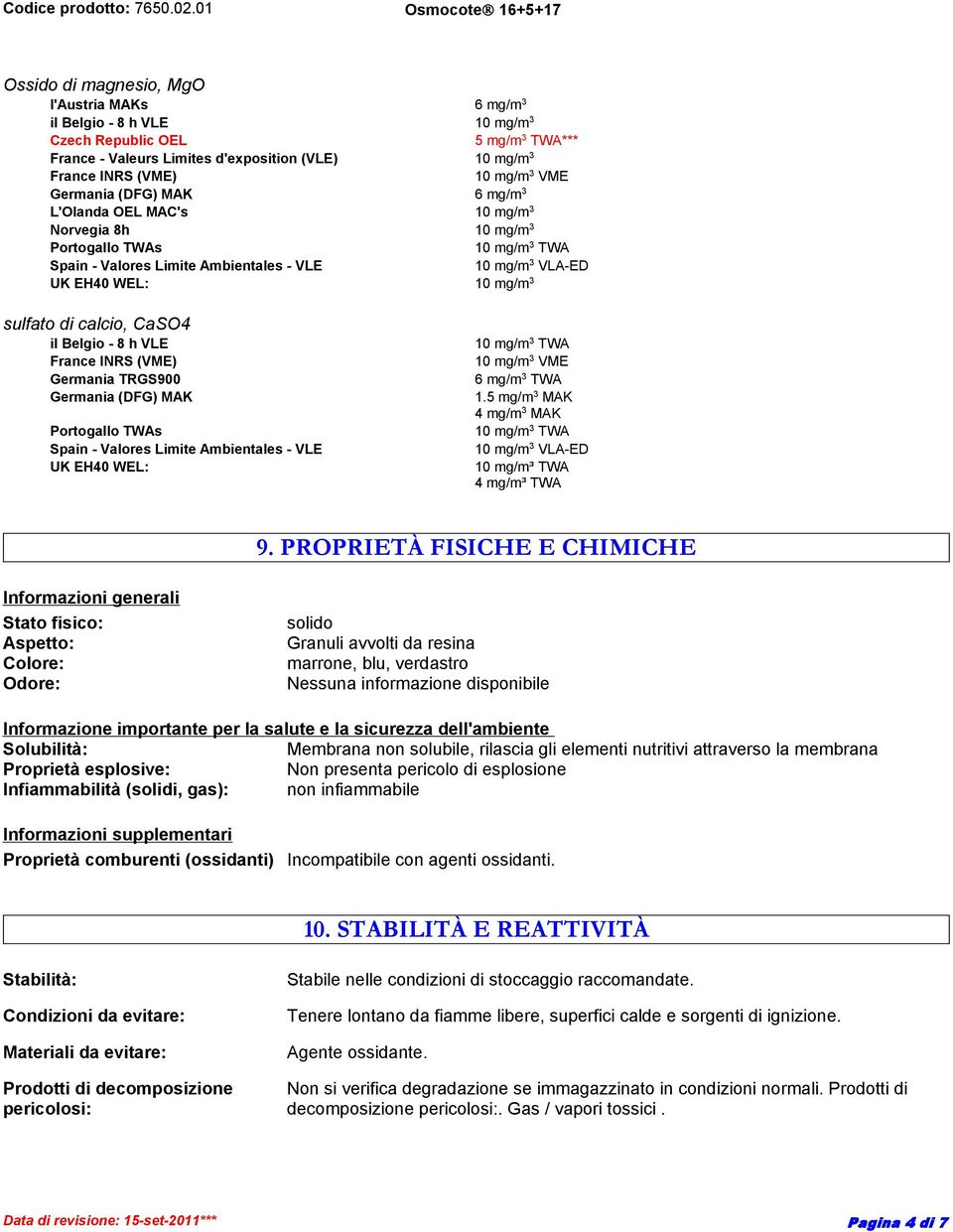 di calcio, CaSO4 il Belgio - 8 h VLE France INRS (VME) Germania TRGS900 Germania (DFG) MAK Portogallo TWAs Spain - Valores Limite Ambientales - VLE UK EH40 WEL: 10 mg/m 3 TWA 10 mg/m 3 VME 6 mg/m 3