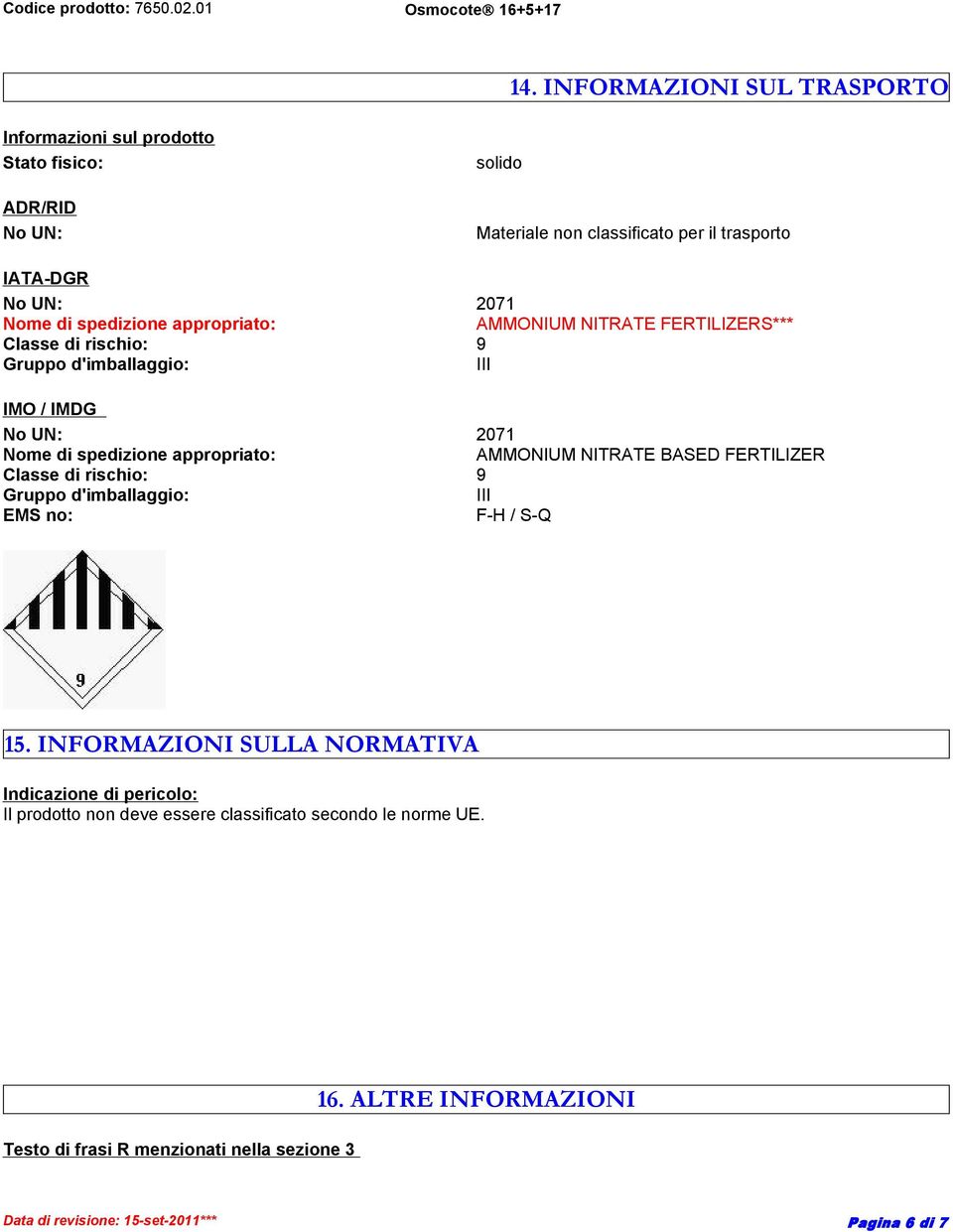 spedizione appropriato: AMMONIUM NITRATE BASED FERTILIZER Classe di rischio: 9 Gruppo d'imballaggio: III EMS no: F-H / S-Q 15.