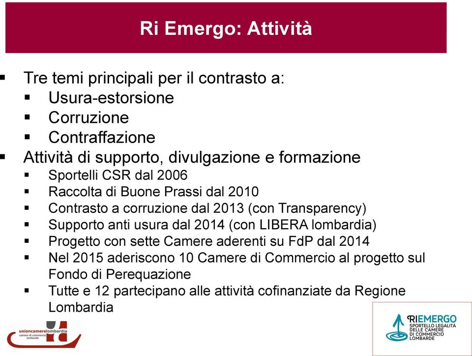 corruzione dal 2013 (con Transparency) Supporto anti usura dal 2014 (con LIBERA lombardia) Progetto con sette Camere aderenti su FdP dal