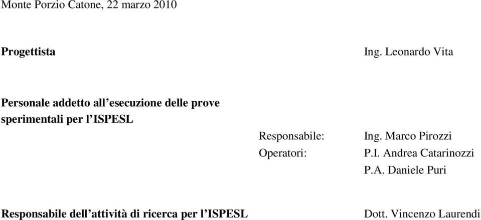 per l ISPESL Responsabile: Operatori: Ing. Marco Pirozzi P.I. Andrea Catarinozzi P.