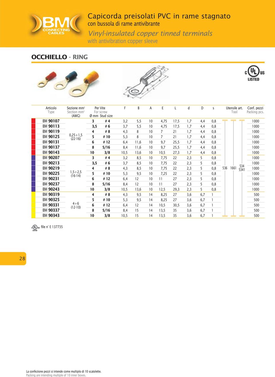 (AWG) Ø mm Stud size BM 90107 3 # 4 3,2 5,5 10 4,75 17,5 1,7 4,4 0,8 0 BM 90113 3,5 # 6 3,7 5,5 10 4,75 17,5 1,7 4,4 0,8 0 BM 90119 4 # 8 4,3 8 10 7 21 1,7 4,4 0,8 0 BM 90125 0,25 1,5 5 # 10 5,3 8 10