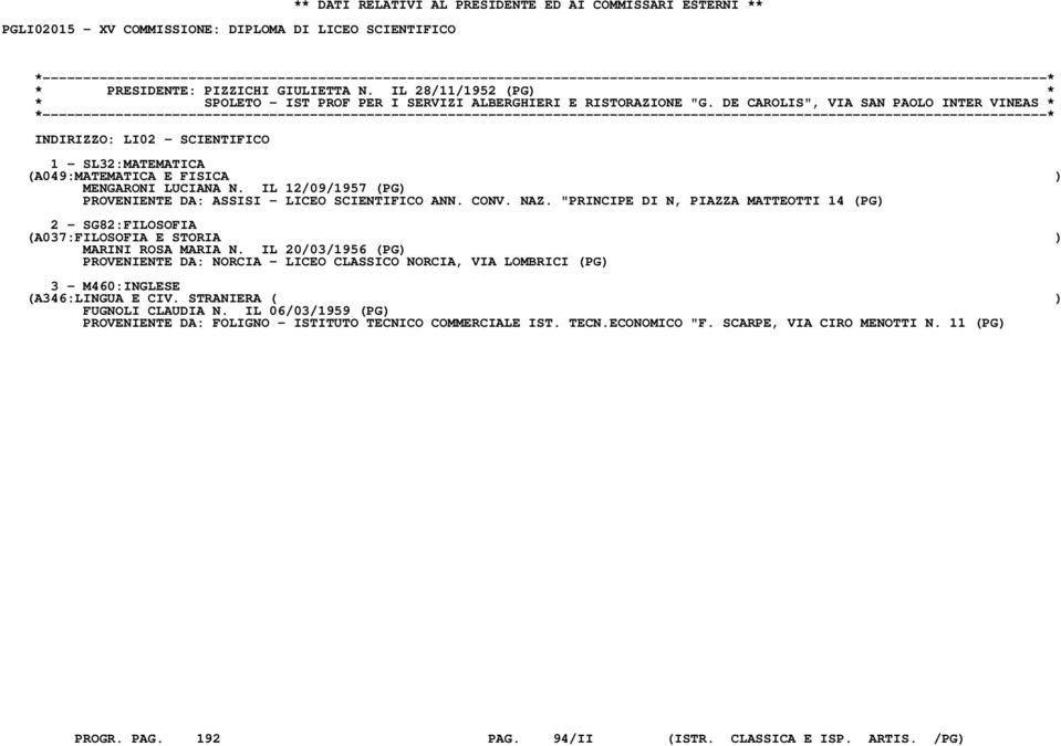 DE CAROLIS", VIA SAN PAOLO INTER VINEAS * INDIRIZZO: LI02 - SCIENTIFICO 1 - SL32:MATEMATICA (A049:MATEMATICA E FISICA ) MENGARONI LUCIANA N.