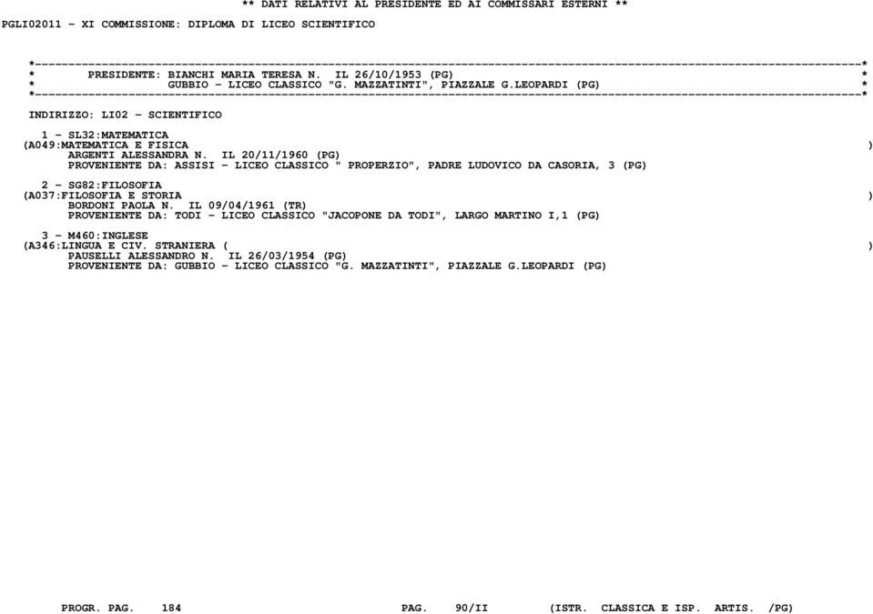 IL 20/11/1960 (PG) PROVENIENTE DA: ASSISI - LICEO CLASSICO " PROPERZIO", PADRE LUDOVICO DA CASORIA, 3 (PG) 2 - SG82:FILOSOFIA (A037:FILOSOFIA E STORIA ) BORDONI PAOLA N.