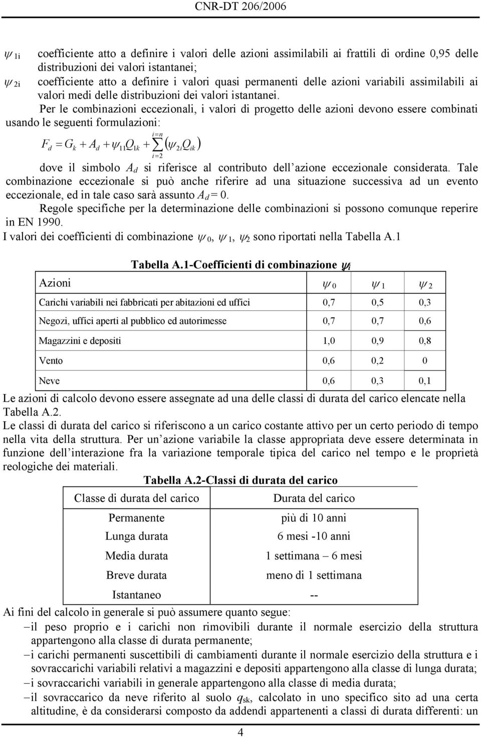 Per le combinazioni eccezionali, i valori di progetto delle azioni devono essere combinati usando le seguenti formulazioni: ψ i F d = G k + A d i + = n 11 1k ψ i i= + ψ Q ( Q ) ik dove il simbolo A d