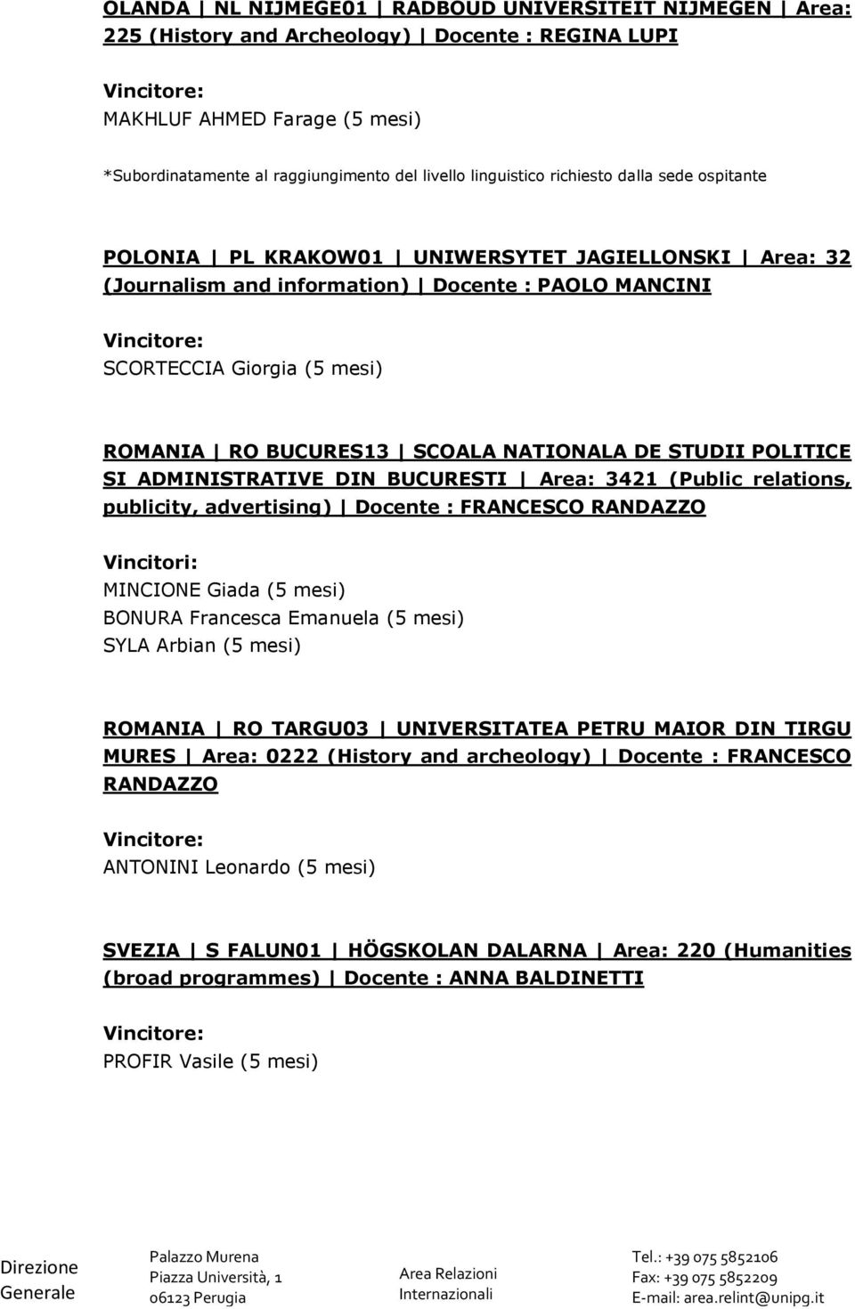 NATIONALA DE STUDII POLITICE SI ADMINISTRATIVE DIN BUCURESTI Area: 3421 (Public relations, publicity, advertising) Docente : FRANCESCO RANDAZZO MINCIONE Giada (5 mesi) BONURA Francesca Emanuela (5