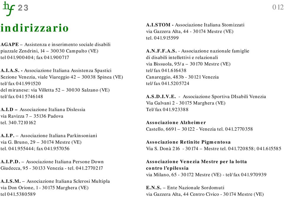 340.7210162 A.I.P. Associazione Italiana Parkinsoniani via G. Bruno, 29 30174 Mestre (VE) tel. 041.955444; fax 041.957056 A.I.P.D. Associazione Italiana Persone Down Giudecca, 95-30133 Venezia - tel.