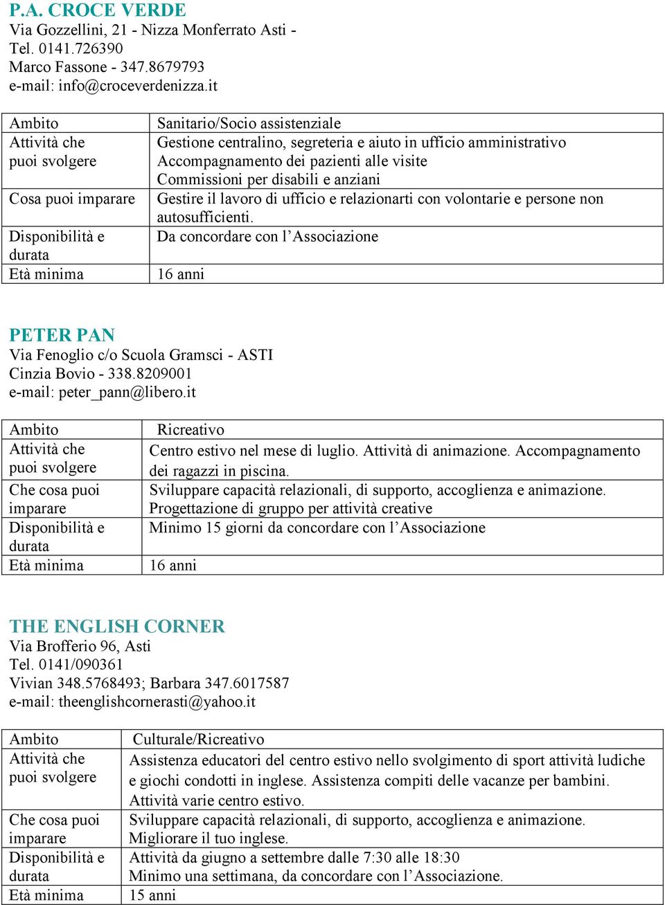 lavoro di ufficio e relazionarti con volontarie e persone non autosufficienti. Da concordare con l Associazione PETER PAN Via Fenoglio c/o Scuola Gramsci - ASTI Cinzia Bovio - 338.