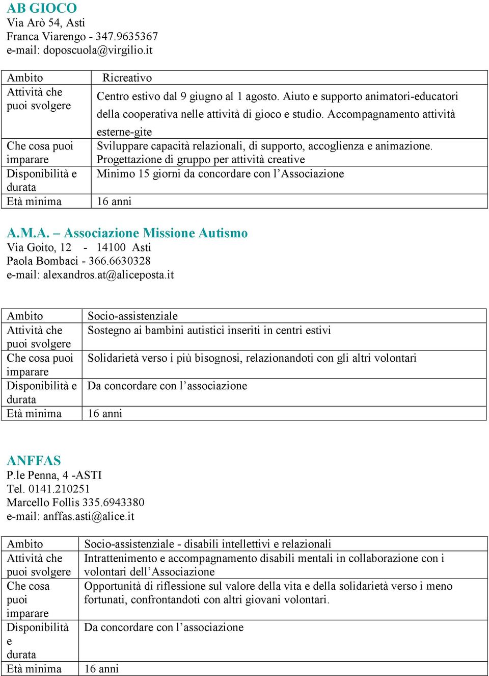 Progettazione di gruppo per attività creative Minimo 15 giorni da concordare con l Associazione A.M.A. Associazione Missione Autismo Via Goito, 12-14100 Asti Paola Bombaci - 366.