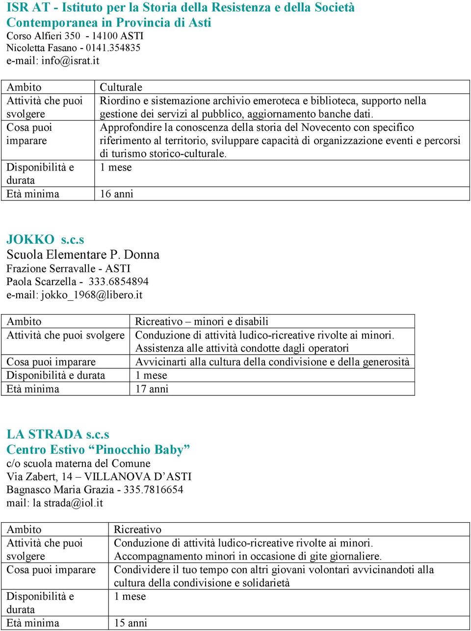 Approfondire la conoscenza della storia del Novecento con specifico riferimento al territorio, sviluppare capacità di organizzazione eventi e percorsi di turismo storico-culturale. 1 mese JOKKO s.c.s Scuola Elementare P.