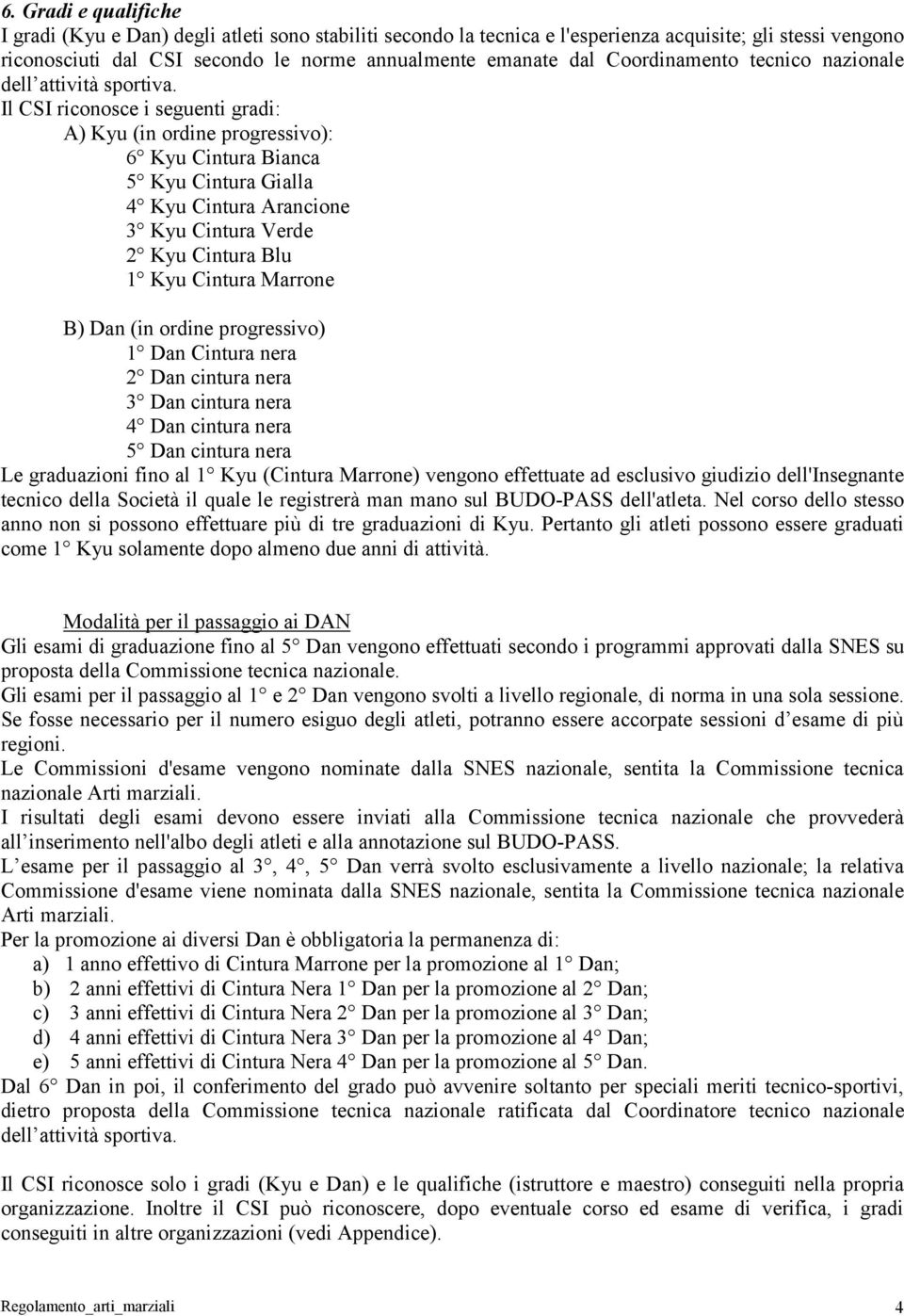 Il CSI riconosce i seguenti gradi: A) Kyu (in ordine progressivo): 6 Kyu Cintura Bianca 5 Kyu Cintura Gialla 4 Kyu Cintura Arancione 3 Kyu Cintura Verde 2 Kyu Cintura Blu 1 Kyu Cintura Marrone B) Dan